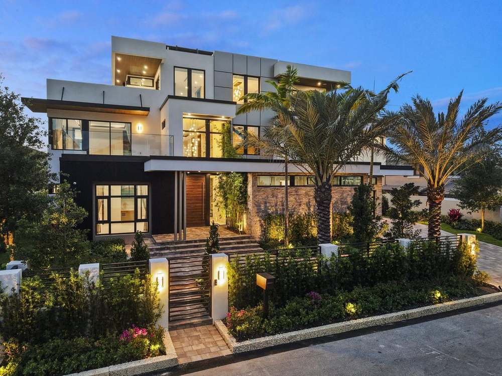 Front elevation and garden at dusk